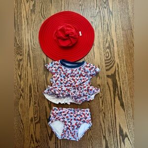 Ruffle Butts Floral Swim Bikini with Red Hat